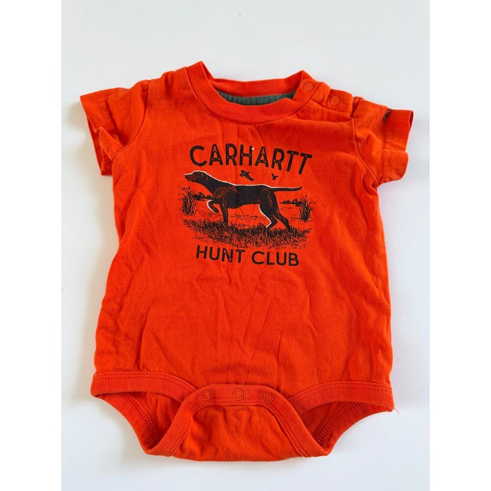 Carhartt Baby Boys Orange Short Sleeve Bodysuit dog hunting 3 months - Picture 2 of 6